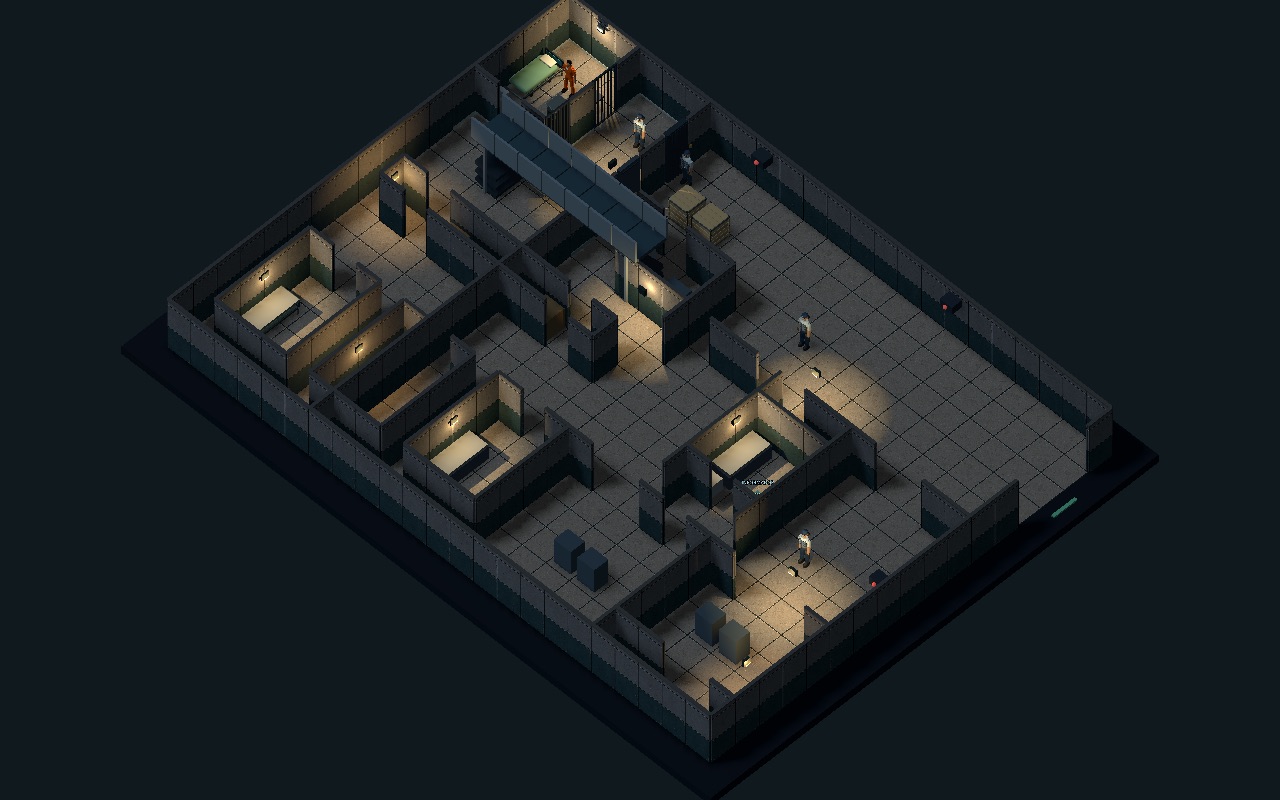 Isometric overview of a prison floor at night with wall lamps