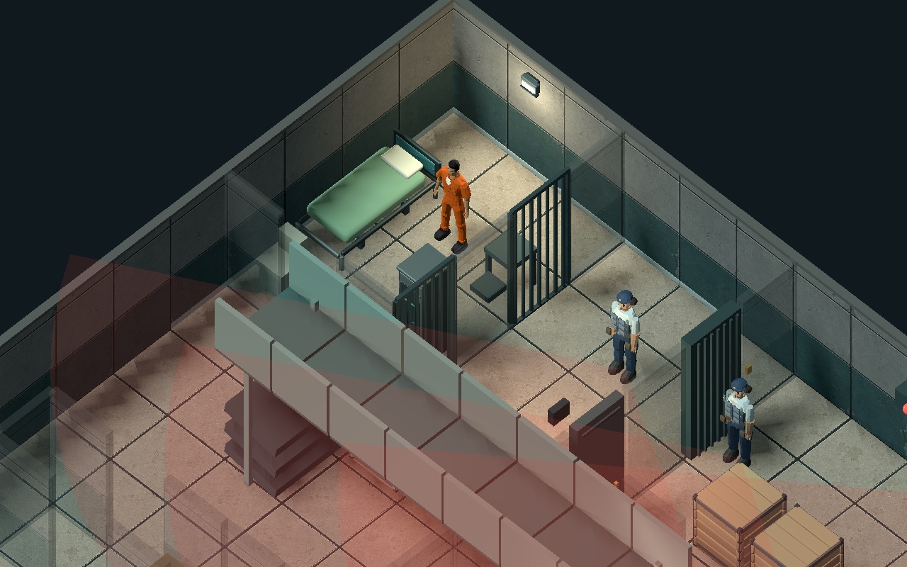 Isometric in-game view: Cole in his cell, two guards in the corridor, sight cones shading the floor