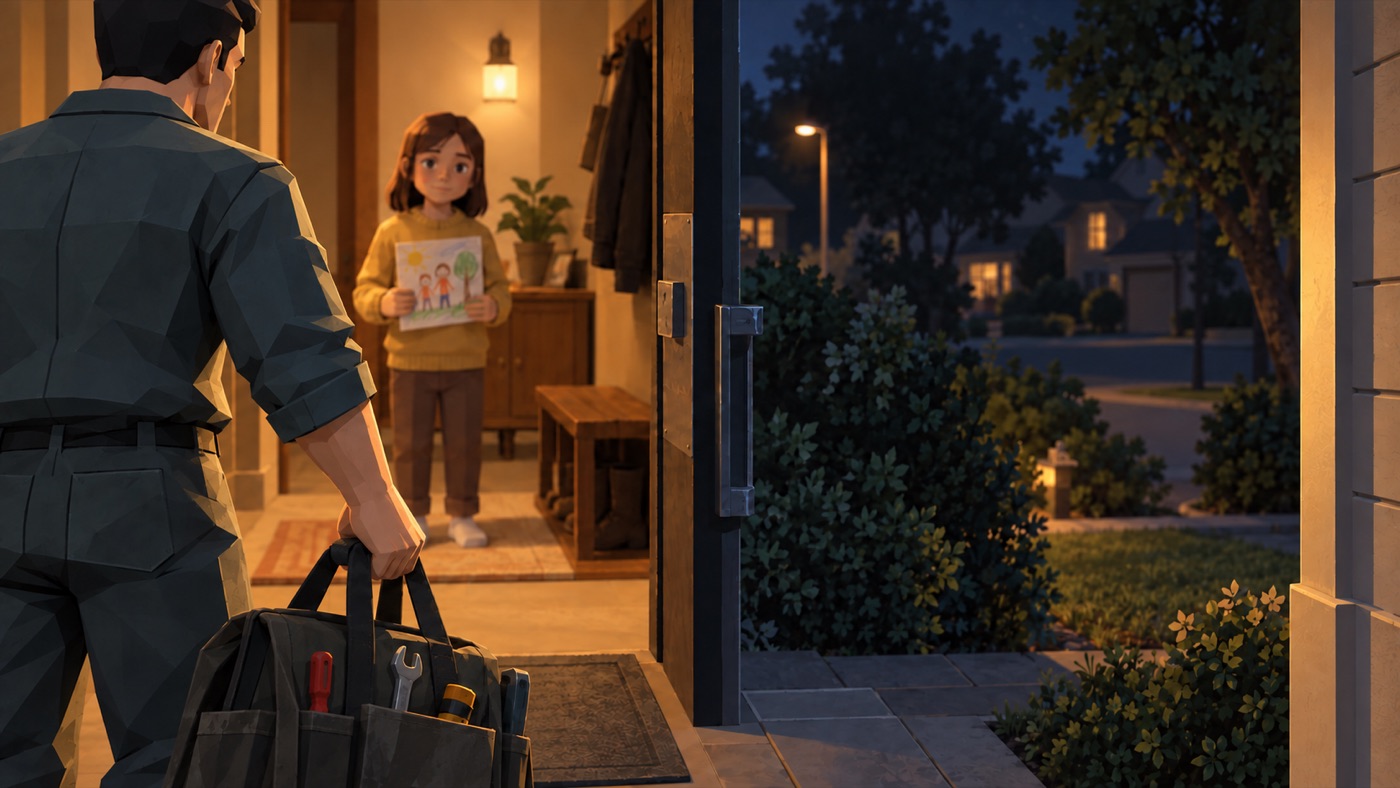 Ethan Cole leaves home at night with his tool bag while his daughter Lucy watches from the hallway