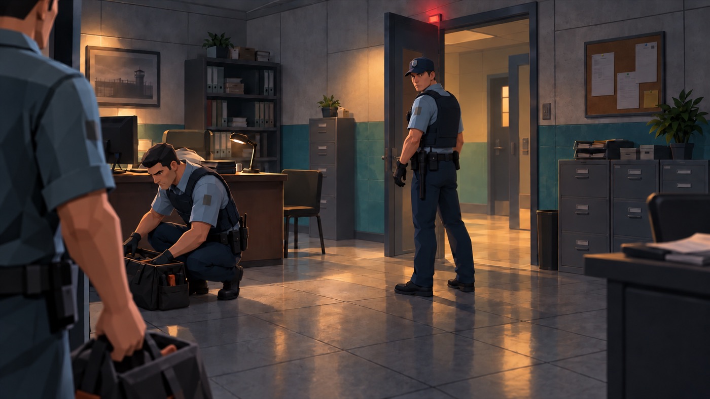 Officers search Cole’s tool bag in a Blackstone office