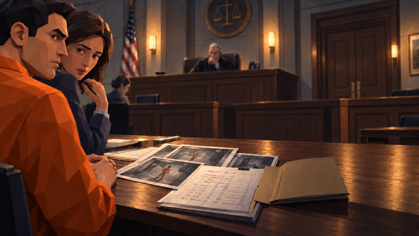 Cole in court beside his lawyer, Rachel Brooks, with printed camera stills on the table