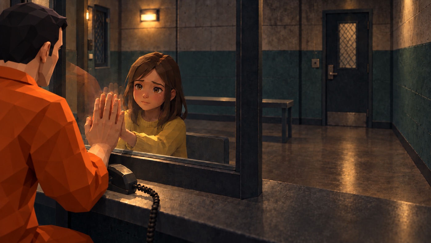Cole and Lucy with their hands on either side of the visiting-room glass